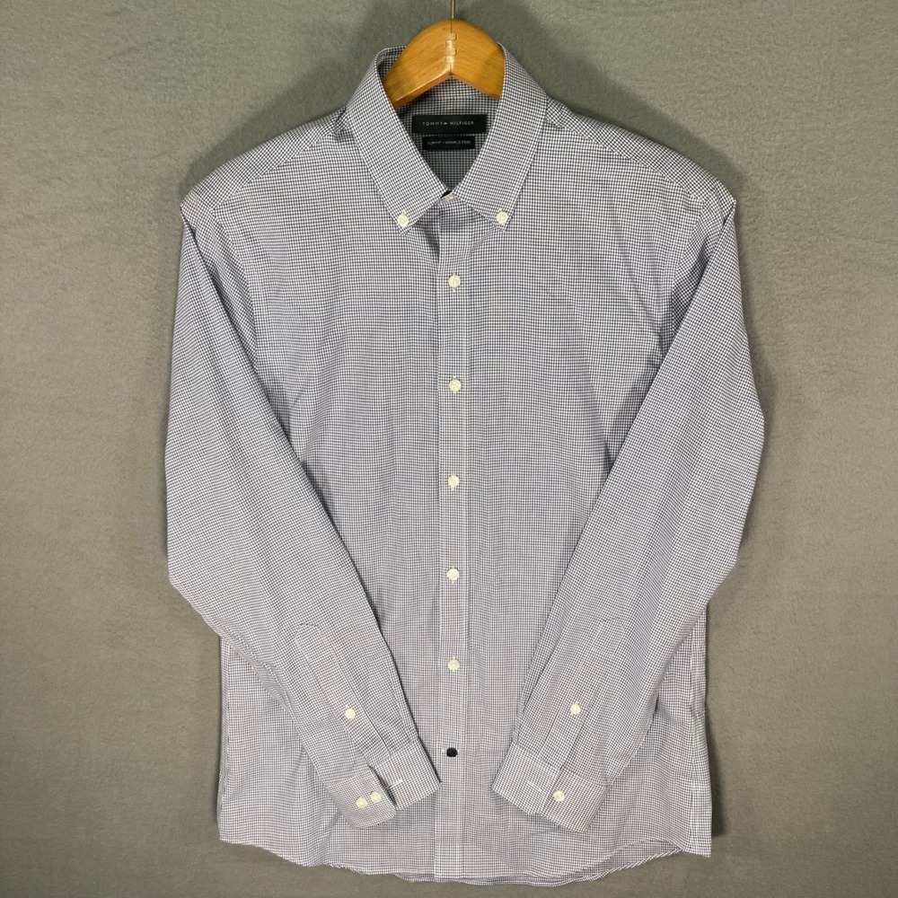 Tommy Hilfiger Mens Medium Shirt Blue Gingham Slim Fit Button Up Long Sleeve